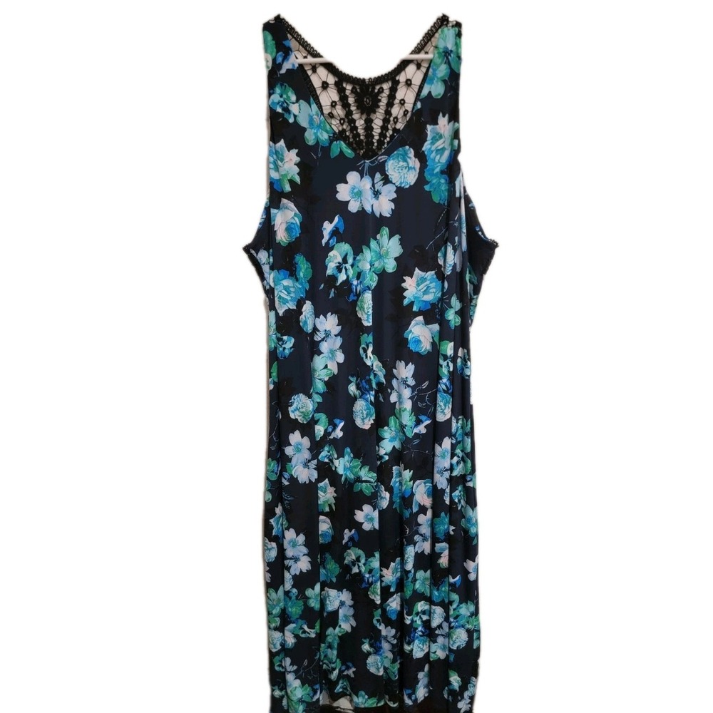 Lane Bryant Floral Crochet Back Maxi Dress Plus Size 26/28 Blue Sleeveless NWT